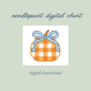 May include: A digital needlepoint chart featuring a pixelated pumpkin design with a blue bow. The pumpkin has an orange and white checkered pattern. The words "needlepoint digital chart" and "digital download" are also in the image.