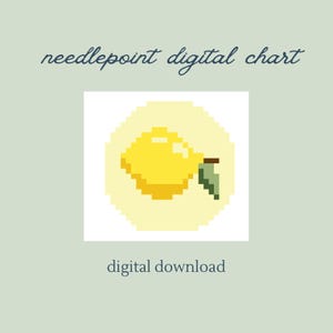 May include: A digital needlepoint chart featuring a pixelated lemon design. The lemon is yellow with a brown stem and green leaf, set against a light yellow background. The words "needlepoint digital chart" and "digital download" are also present.