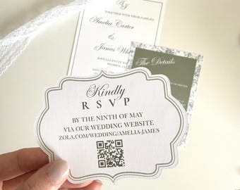 Tarjeta de confirmación de asistencia para bodas de inspiración vintage, con elegante compartimento troquelado para código QR (descarga digital).