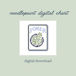 Puede incluir: Un gráfico digital de punto de cruz con un diseño de carta de Joker pixelado. La carta tiene una combinación de colores azul claro y verde con la palabra "JOKER" en la parte superior. También están presentes las palabras "needlepoint digital chart" y "digital download".