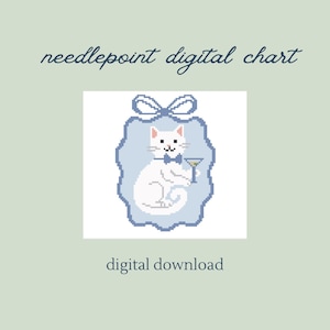 May include: A digital needlepoint chart featuring a white cat with a blue bow tie, holding a martini glass. The cat is inside a blue frame with a bow at the top. The words "needlepoint digital chart" and "digital download" are also in the image.