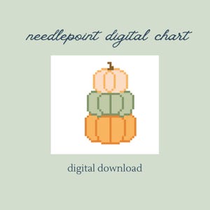May include: A digital chart with a pixelated design of three stacked pumpkins in orange, green, and peach. The text "needlepoint digital chart" and "digital download" are displayed in a handwritten style font.