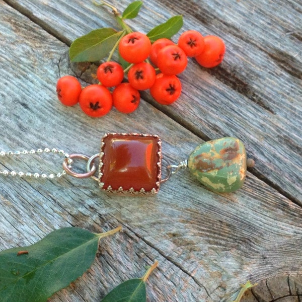 Beautiful Antiqued Sterling Silver Scottish crown bezel set Turquoise and Carnelian Pendant.  Outlander inspired
