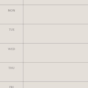 May include: A weekly schedule template with a neutral color palette. The days of the week are listed vertically on the left, with space for notes. The words "Weekly SCHEDULE" are written in a cursive font at the top.