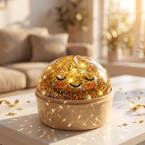 May include: A dome-shaped lamp with a gold glitter interior and a smiling face graphic featuring closed eyes and pink cheeks. The lamp has a smooth, light-colored cylindrical base and emits a warm, sparkling light that reflects on the surface.