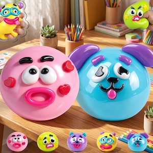 May include: A collection of colorful, cartoon-like toys. The main focus is on two large, round, expressive face toys, one pink and one blue, with oversized features. Smaller, similar toys are also present, along with pencils and small plants.