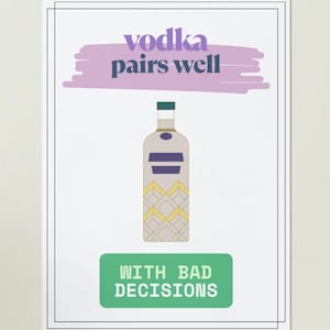 Wodka passt zu schlechten Entscheidungen – Sarkastisches A2 Poster – Digitale Wandkunst für Partygänger
