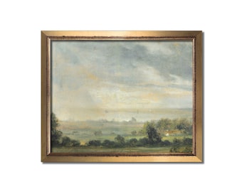 Landscape wall art, Vintage art, Antique landscape painting, Landscape print, Vintage oil painting, Vintage decor, Calm valley, Farm artwork