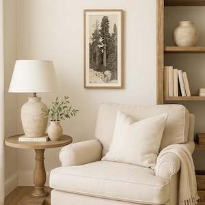 Vintage tree etching print, Antique landscape painting, Modern farmhouse, Long wall art, Sequoia grove, Neutral artwork, Muted nature decor afbeelding 6