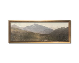 Landscape painting, Vintage oil painting, Modern farmhouse print, Muted panoramic wall art, Antique mountain artwork, Horizontal lake view