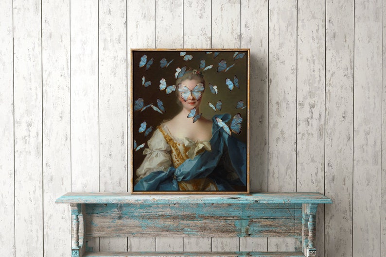 Alter Art Vintage Portrait Rococo Eclectic Wall Altered Oil Painting Prints Surreal Baroque Butterfly Print Female Feminine Pastel Blue Gold image 3