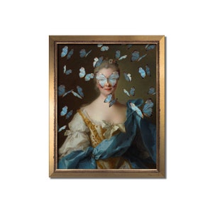 Altered Vintage Portrait Eclectic Printable Maximal Art Print Female Wall Surreal Rococo Baroque Feminine Gold Blue Butterflies Oil Painting