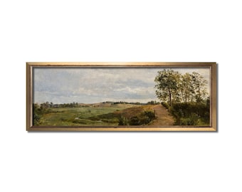 Landscape print, Vintage art, Antique landscape oil painting, English countryside, Old country road, Calm valley panoramic art, Farm artwork