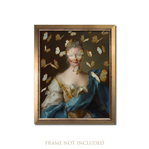 Altered Painting Vintage Portrait Print Eclectic Maximal Wall Art Female Surreal Rococo Baroque Decor Feminine Gold Butterfly Oil Elegant