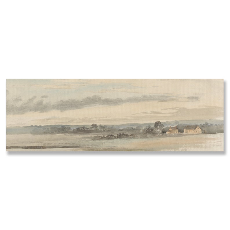 Watercolor painting, Panorama wall art, Hazy long landscape print, Neutral farmhouse decor, Muted 10x30 above bed art, Antique 12x36 artwork image 2