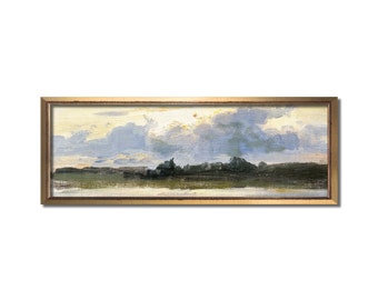 Landscape print, Landscape wall art, Vintage oil painting, Lake art, Panoramic art, Above bed prints, Abstract canvas art, Minimalist sunset