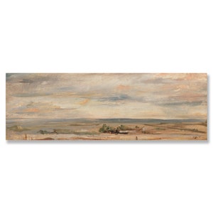 Landscape painting, Vintage farmhouse oil painting, Beige above bed artwork, Panoramic wall art, Antique long frame art, Hazy beach print image 2