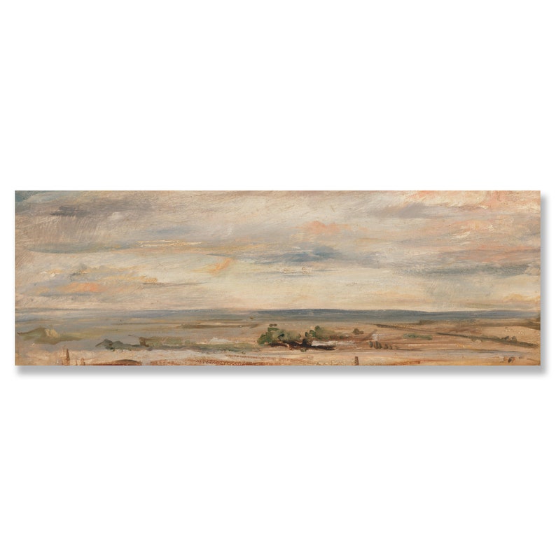 Landscape painting, Vintage farmhouse oil painting, Beige above bed artwork, Panoramic wall art, Antique long frame art, Hazy beach print image 2