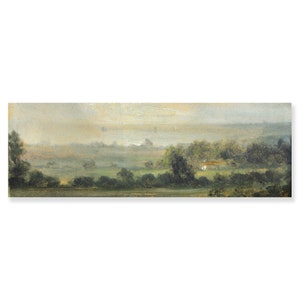 Landscape wall art, Vintage art, Antique landscape painting, Landscape print, Vintage oil painting, Panoramic art, Calm valley, Farm artwork image 2