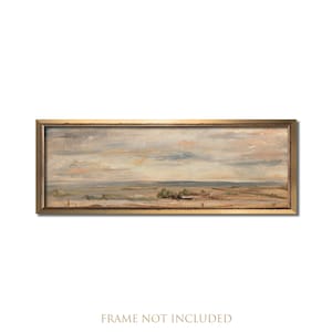 Landscape painting, Vintage farmhouse oil painting, Beige above bed artwork, Panoramic wall art, Antique long frame art, Hazy beach print image 1