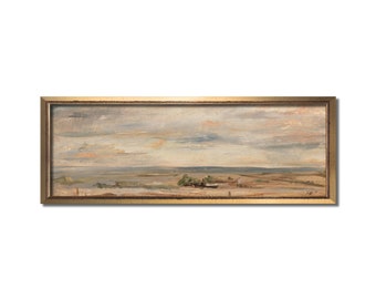 Landscape painting, Vintage farmhouse oil painting, Beige above bed artwork, Panoramic wall art, Antique long frame art, Hazy beach print