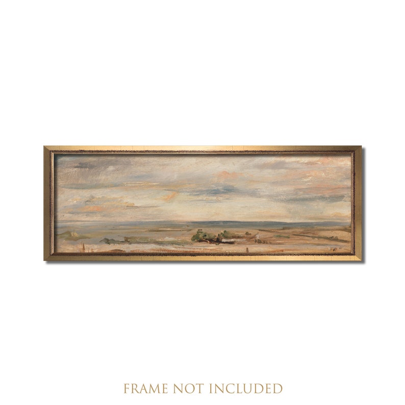 Landscape painting, Vintage farmhouse oil painting, Beige above bed artwork, Panoramic wall art, Antique long frame art, Hazy beach print image 1