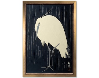 Bird art print, Egret wall art, Animal in rain print, Classy black and white decor, Antique moody drawing, Minimalist vintage sketch artwork