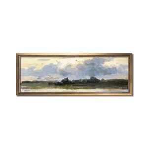 Modern farmhouse panoramic wall art, Landscape oil painting, Above bed vintage artwork, Long narrow horizontal canvas, Antique lake print