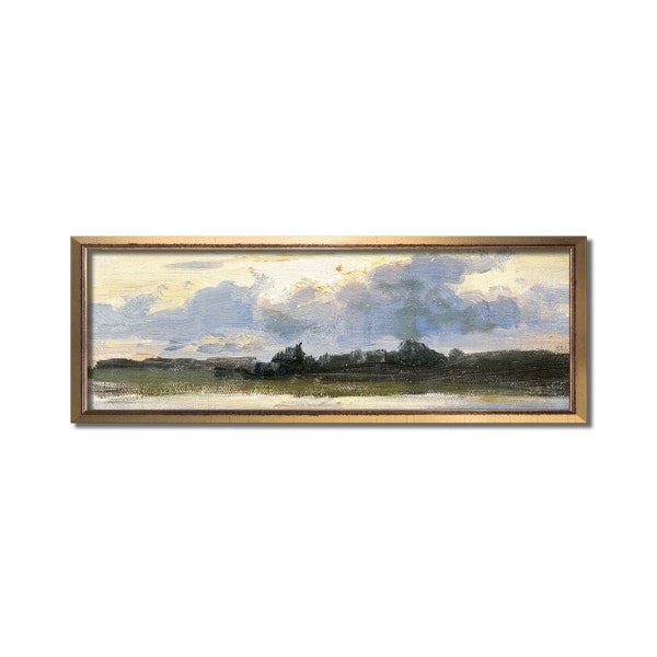 Modern farmhouse panoramic wall art, Landscape oil painting, Above bed vintage artwork, Long narrow horizontal canvas, Antique lake print