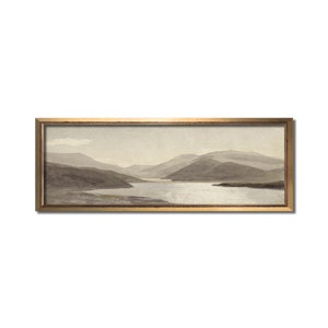 Panoramic wall art, Landscape aquarelle painting, Above bed vintage artwork, Modern farmhouse long horizontal canvas, Antique mountain print