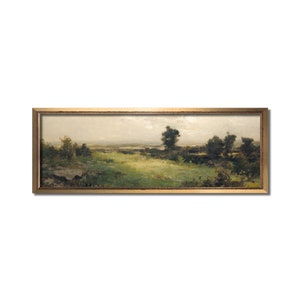 Modern farmhouse panoramic wall art, Landscape oil painting, Above bed vintage artwork, Long narrow horizontal canvas, Antique valley print