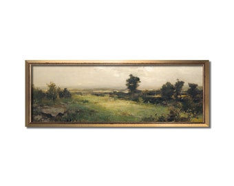 Modern farmhouse panoramic wall art, Landscape oil painting, Above bed vintage artwork, Long narrow horizontal canvas, Antique valley print