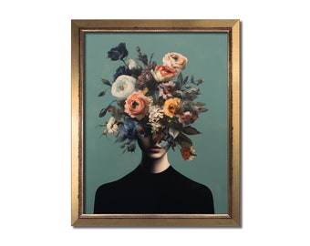 Altered portrait, Eclectic floral print, Maximal wall art, Female surreal decor, Feminine flower bouquet head, Modern alter art painting