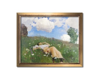 Meadow painting, Scandinavian watercolor print, Vintage landscape, Antique countryside, Floral prints, Daisy, Fluffy clouds, Finnish artwork