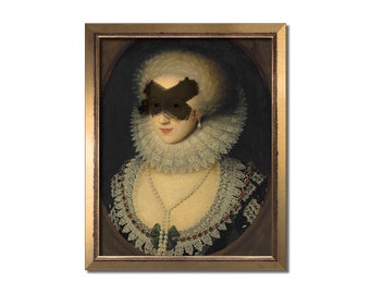 Altered vintage portrait. Eclectic print. Elizabethan wall art. Female decor. Feminine oil painting. Antique collage. Over the bed print.