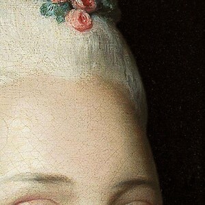 May include: Close-up of a classical painting featuring a person with light skin and blue eyes. A small floral crown of pink roses and green leaves adorns the person's white hair. The background is dark.
