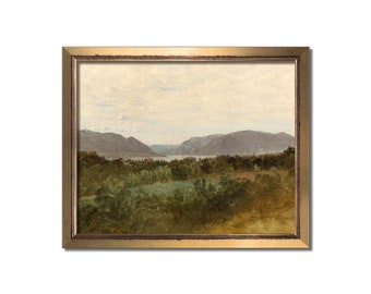 Landscape print, Vintage oil painting, River landscape print, Hudson Valley, Antique landscape painting, Muted nature wall art, Farm artwork