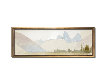 Panoramic wall art, Landscape painting, Modern farmhouse watercolor print, Neutral mountain artwork, Long horizontal poster, Idaho decor