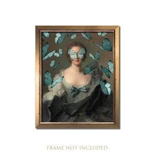 Altered Vintage Portrait Eclectic Print Maximal Wall Art Female Surreal Rococo Baroque Decor Feminine Butterfly Oil Painting Classical Gray