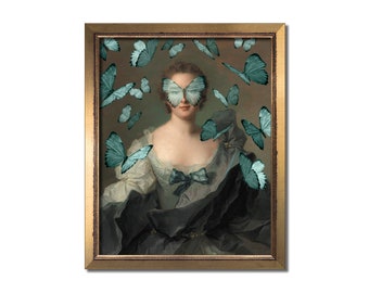 Altered Vintage Portrait Eclectic Print Maximal Wall Art Female Surreal Rococo Baroque Decor Feminine Butterfly Oil Painting Classical Gray