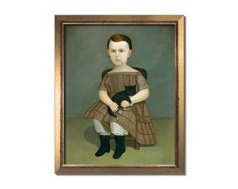 Vintage portrait painting, Antique oil painting, Primitive art print, Kitten art, Rustic wall art, Farmhouse wall decor, Eclectic artwork