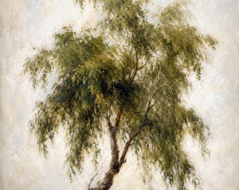 Willow Tree Print, Vintage Landscape Wall Art, Neutral Botanical Tree Painting, Cottagecore Nature Decor, Rustic Farmhouse Art, Tree Poster