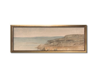 Landscape wall art, Vintage art, Antique landscape painting, Landscape print, Vintage watercolor, Panoramic art, Above bed coastal artwork