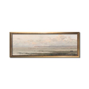 May include: A framed painting depicting a seascape with a distant shoreline and a cloudy sky. The painting is done in muted tones of grey, blue, and white.
