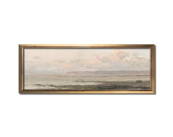 Modern farmhouse panoramic wall art, Landscape oil painting, Above bed vintage artwork, Long narrow horizontal canvas, Antique beach print