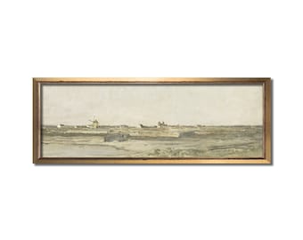 Landscape canvas art, Hazy beach art print, Muted art print, Panoramic wall art, Vintage oil painting, Beige landscape print, Dutch artwork