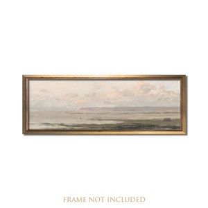 Landscape painting, Muted beach print, Vintage art, Antique oil painting, Minimalist France country, Panoramic abstract wall art, Calm ocean