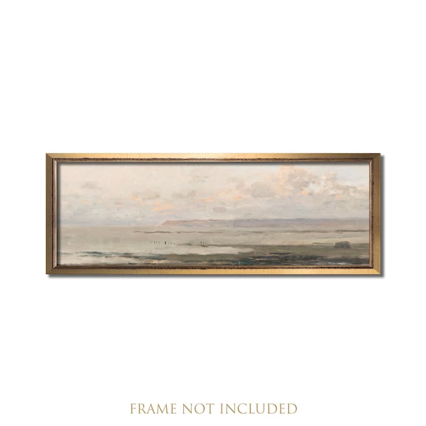 Landscape painting, Muted beach print, Vintage art, Antique oil painting, Minimalist France country, Panoramic abstract wall art, Calm ocean