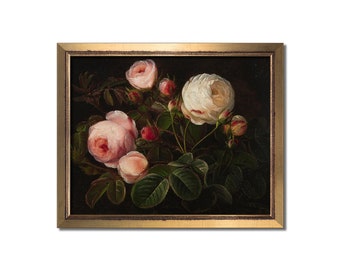 May include: A rectangular print featuring an oil painting of blooming white and soft pink roses with green leaves against a dark background, enclosed in a gold-toned frame. The text "FRAME NOT INCLUDED" is printed below the artwork.