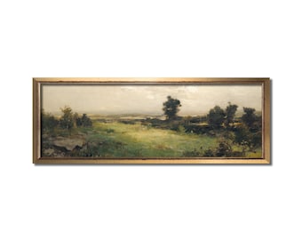 Landscape painting, Wall art, Vintage painting, Oil painting, Landscape canvas print, Panoramic wall art, Antique artwork, Calm green valley